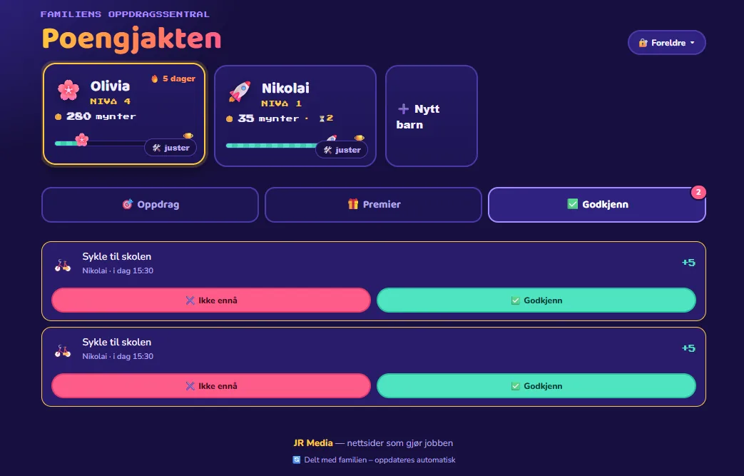 Godkjenningsvisning for foreldre, med to innmeldte oppdrag som venter på godkjenning.