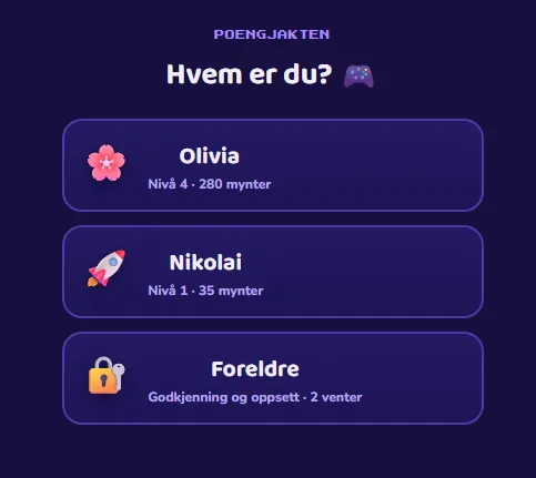 Profilvelger i Poengjakten: Olivia, Nikolai og en låst Foreldre-profil.